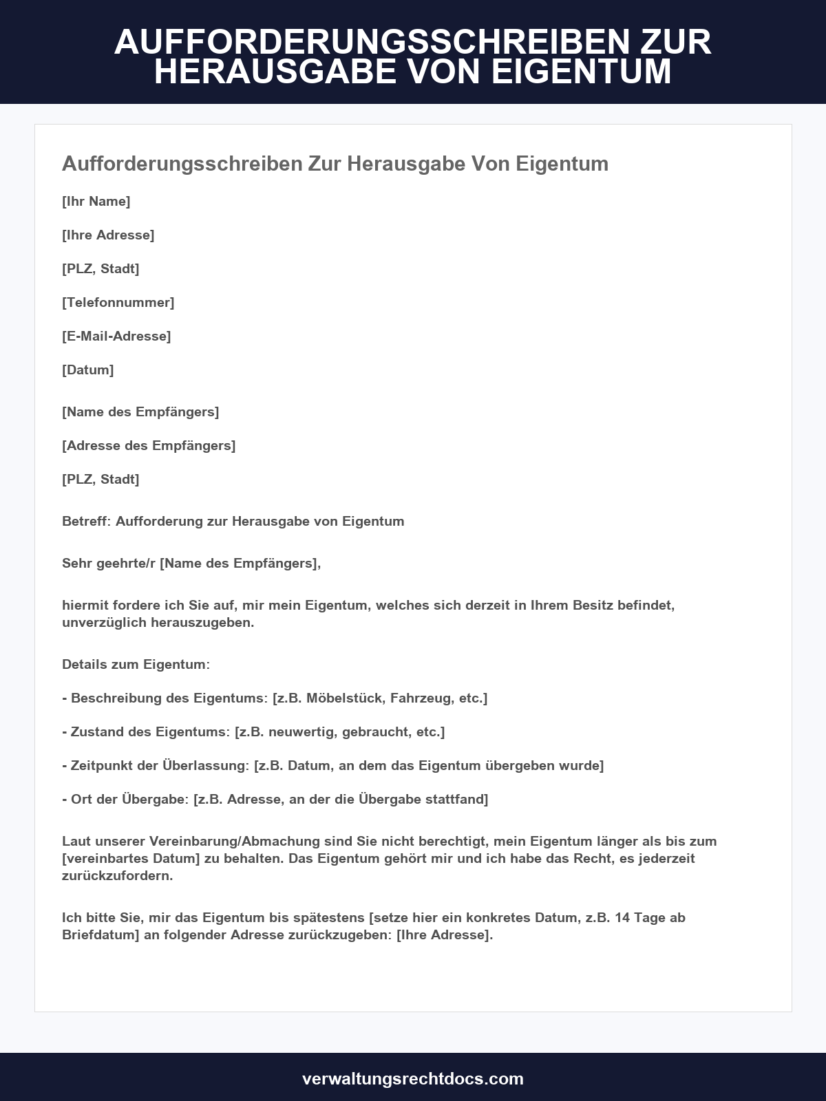 Aufforderungsschreiben Zur Herausgabe Von Eigentum